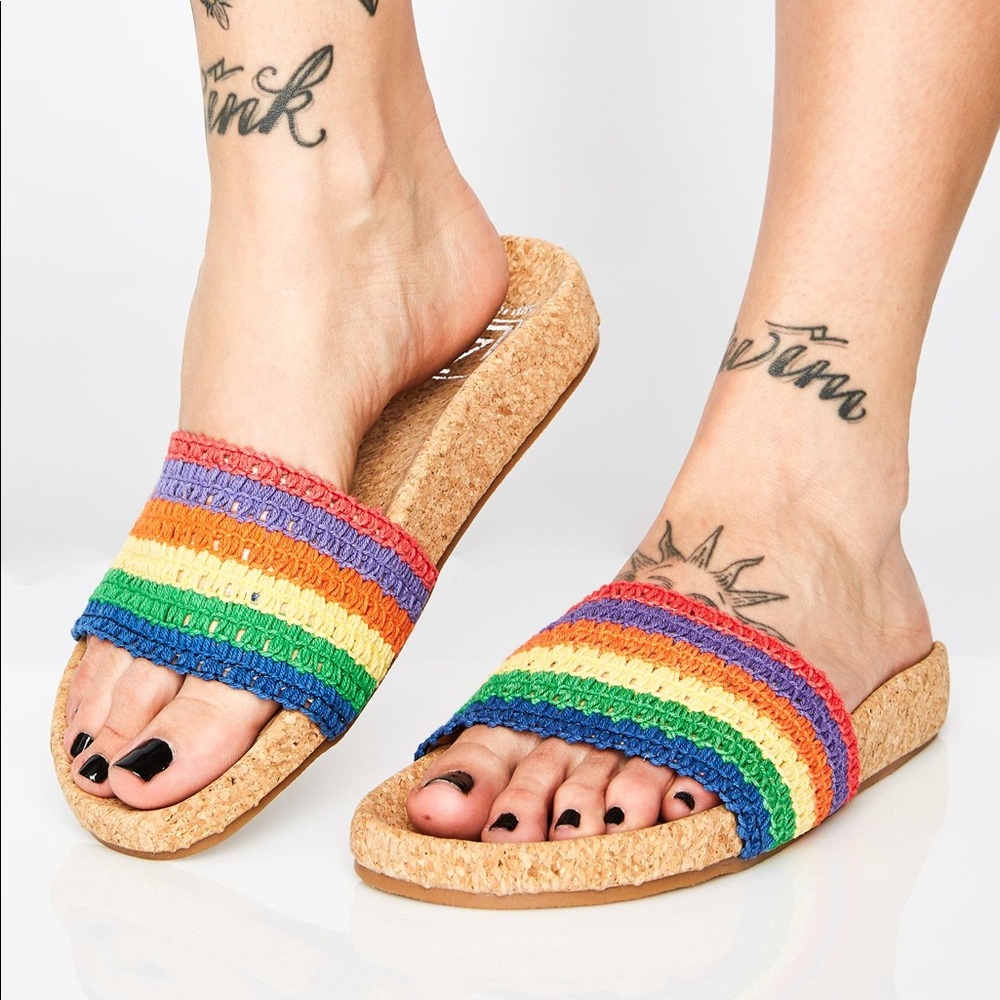 Rainbow crochet cork slide sandals